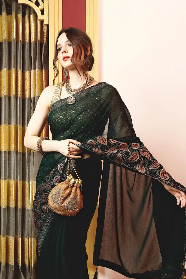 Enchanted Sparkle Shimmer Chiffon Sarees (A) SAREE D15-Green