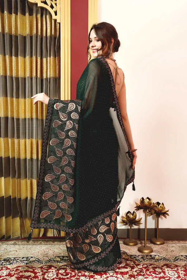 Enchanted Sparkle Shimmer Chiffon Sarees (A) SAREE D15-Green