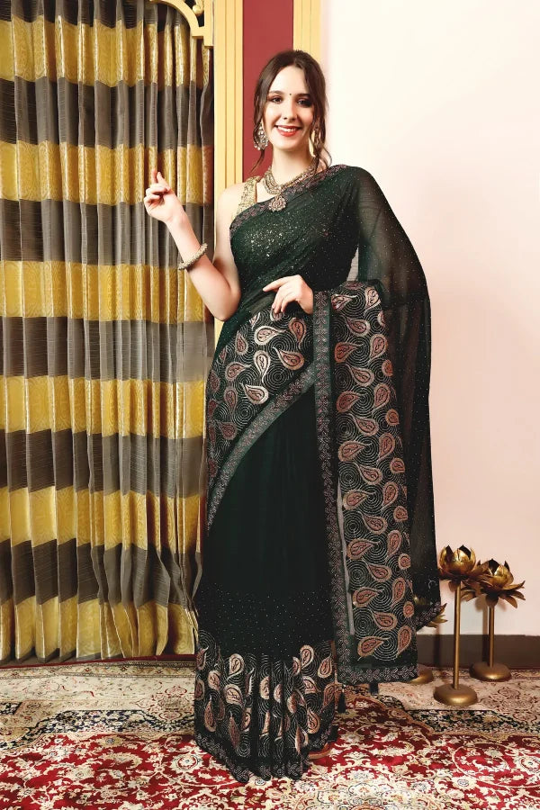 Enchanted Sparkle Shimmer Chiffon Sarees (A) SAREE D15-Green