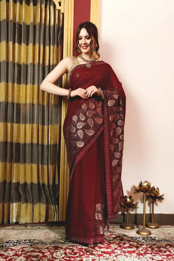 Enchanted Sparkle Shimmer Chiffon Sarees (A) SAREE D15-Purple