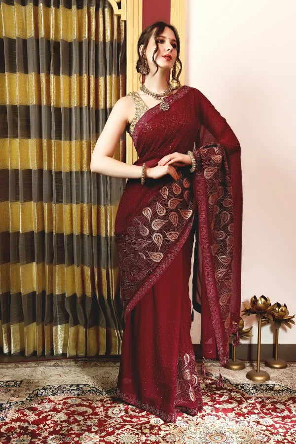 Enchanted Sparkle Shimmer Chiffon Sarees (A) SAREE D15-Purple