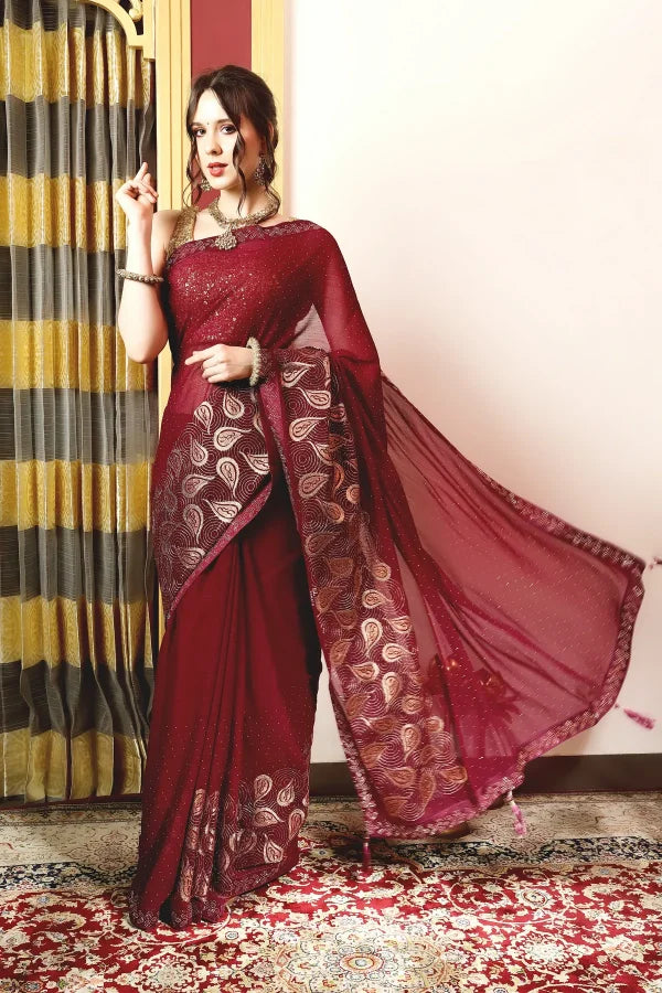 Enchanted Sparkle Shimmer Chiffon Sarees (A) SAREE D15-Purple