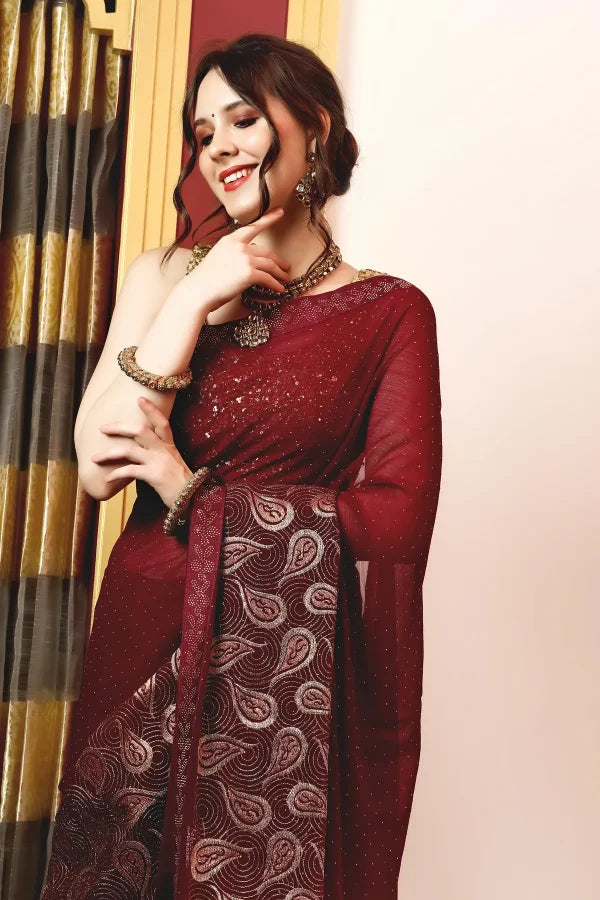 Enchanted Sparkle Shimmer Chiffon Sarees (A) SAREE D15-Purple