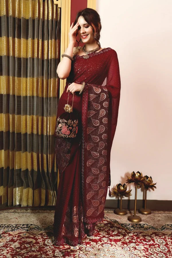 Enchanted Sparkle Shimmer Chiffon Sarees (A) SAREE D15-Purple