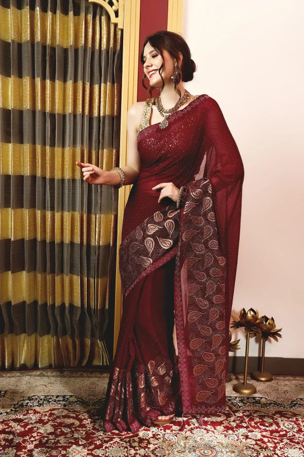 Enchanted Sparkle Shimmer Chiffon Sarees (A) SAREE D15-Purple