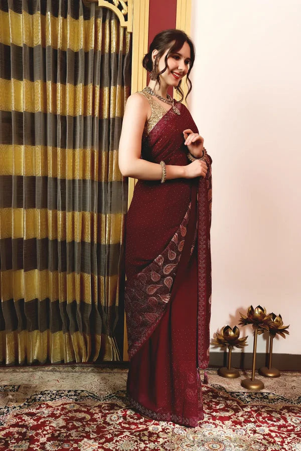 Enchanted Sparkle Shimmer Chiffon Sarees (A) SAREE D15-Purple