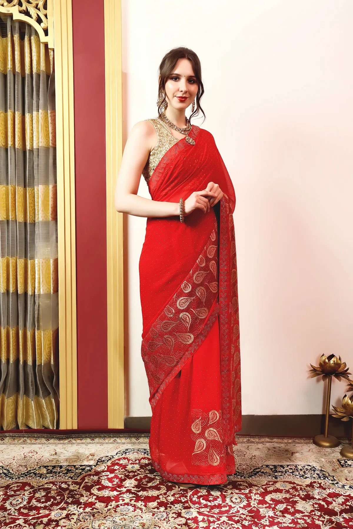 Enchanted Sparkle Shimmer Chiffon Sarees (A) SAREE D15-Red