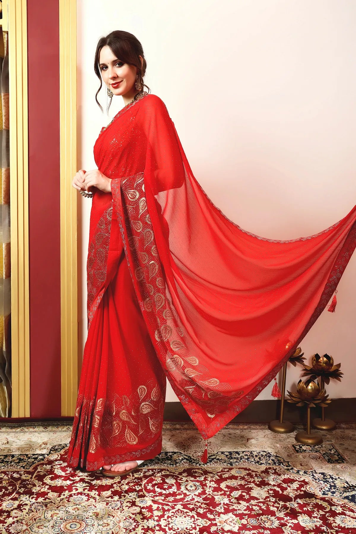 Enchanted Sparkle Shimmer Chiffon Sarees (A) SAREE D15-Red