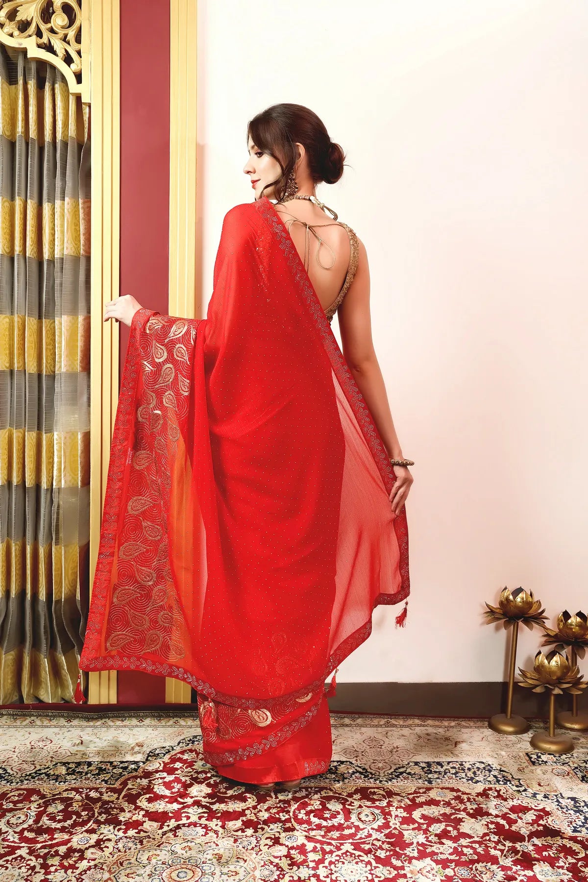 Enchanted Sparkle Shimmer Chiffon Sarees (A) SAREE D15-Red