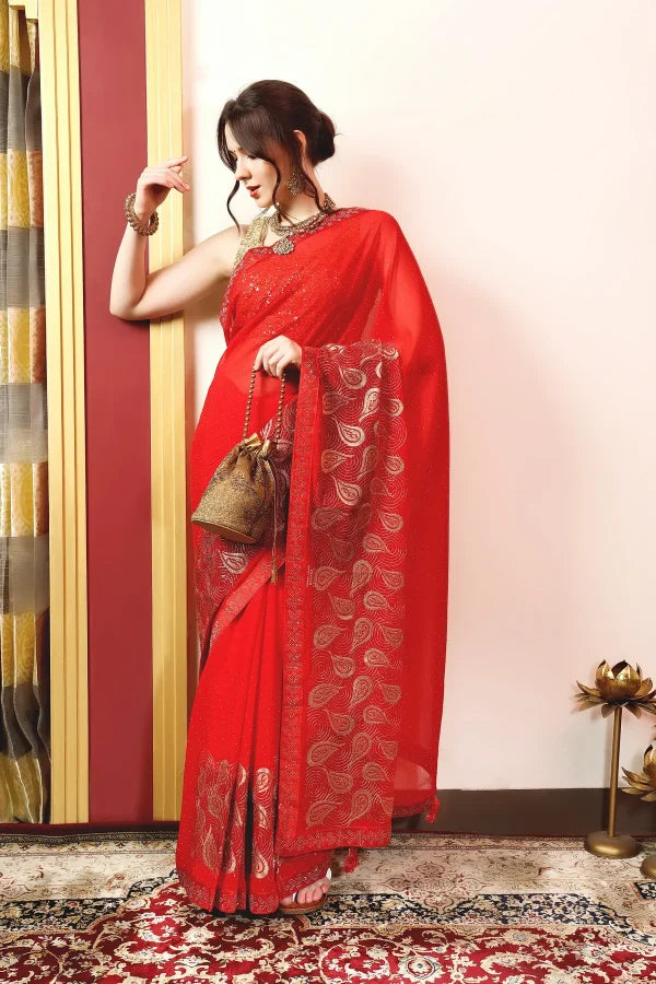 Enchanted Sparkle Shimmer Chiffon Sarees (A) SAREE D15-Red