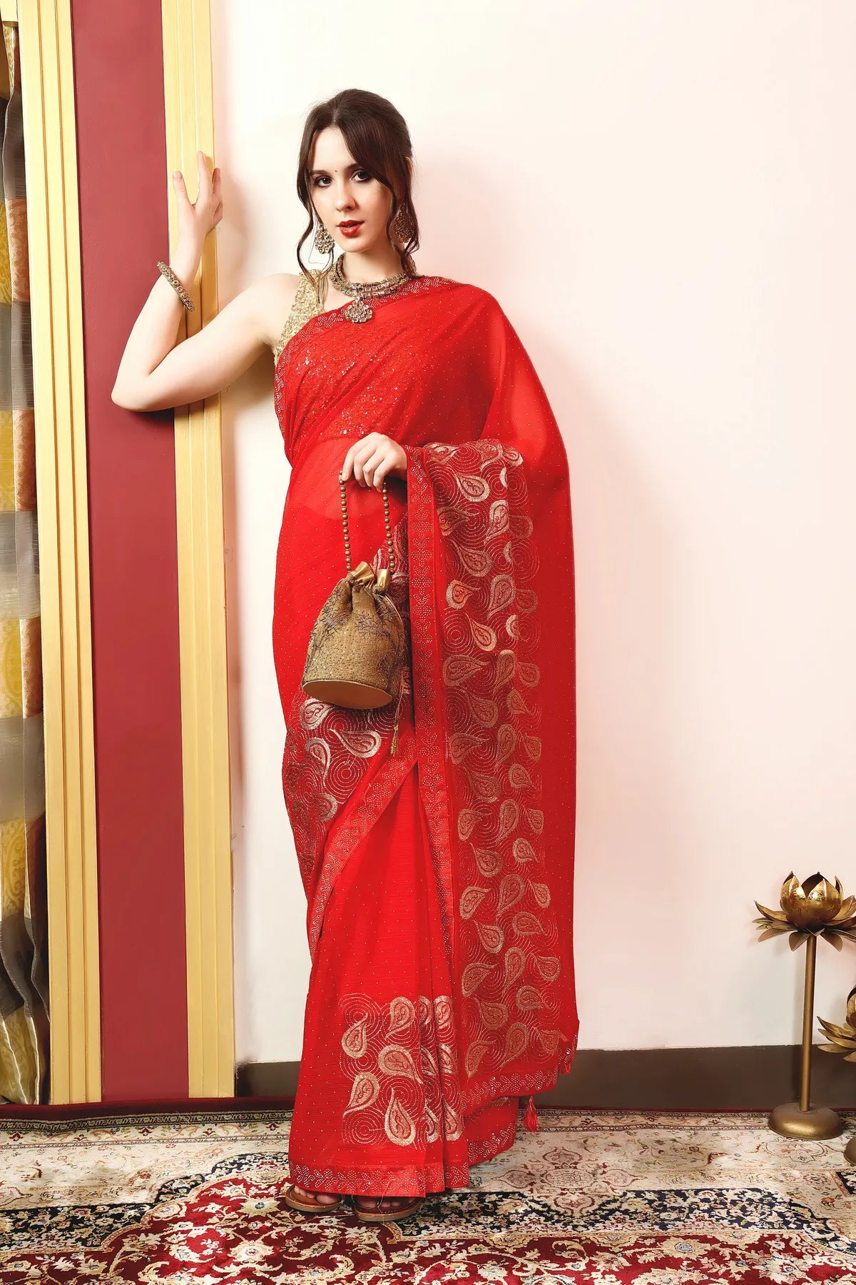 Enchanted Sparkle Shimmer Chiffon Sarees (A) SAREE D15-Red