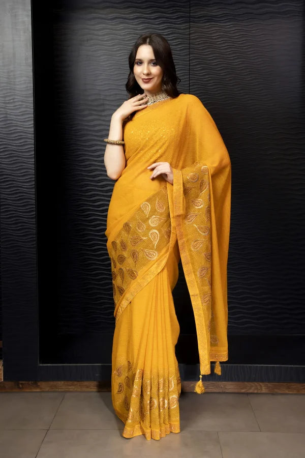 Enchanted Sparkle Shimmer Chiffon Sarees (A) SAREE D15-Yellow