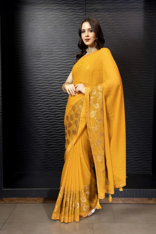 Enchanted Sparkle Shimmer Chiffon Sarees (A) SAREE D15-Yellow