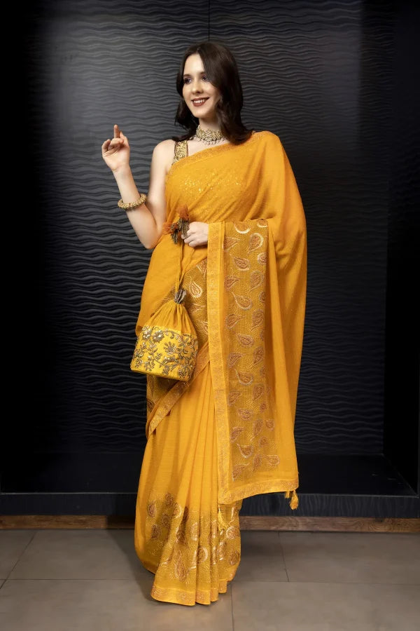 Enchanted Sparkle Shimmer Chiffon Sarees (A) SAREE D15-Yellow