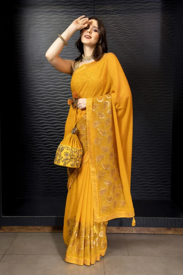 Enchanted Sparkle Shimmer Chiffon Sarees (A) SAREE D15-Yellow
