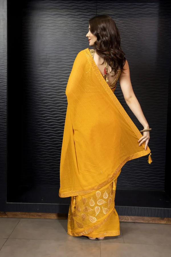 Enchanted Sparkle Shimmer Chiffon Sarees (A) SAREE D15-Yellow