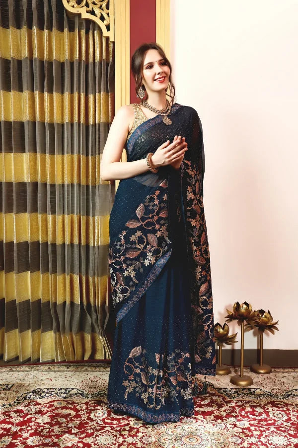 Enchanted Sparkle Shimmer Chiffon Sarees A-SAREE D16-BLUE