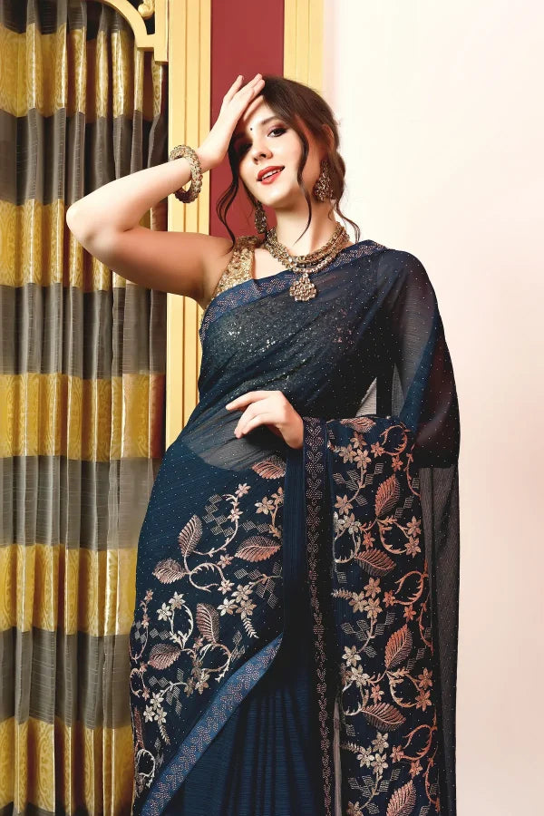 Enchanted Sparkle Shimmer Chiffon Sarees A-SAREE D16-BLUE