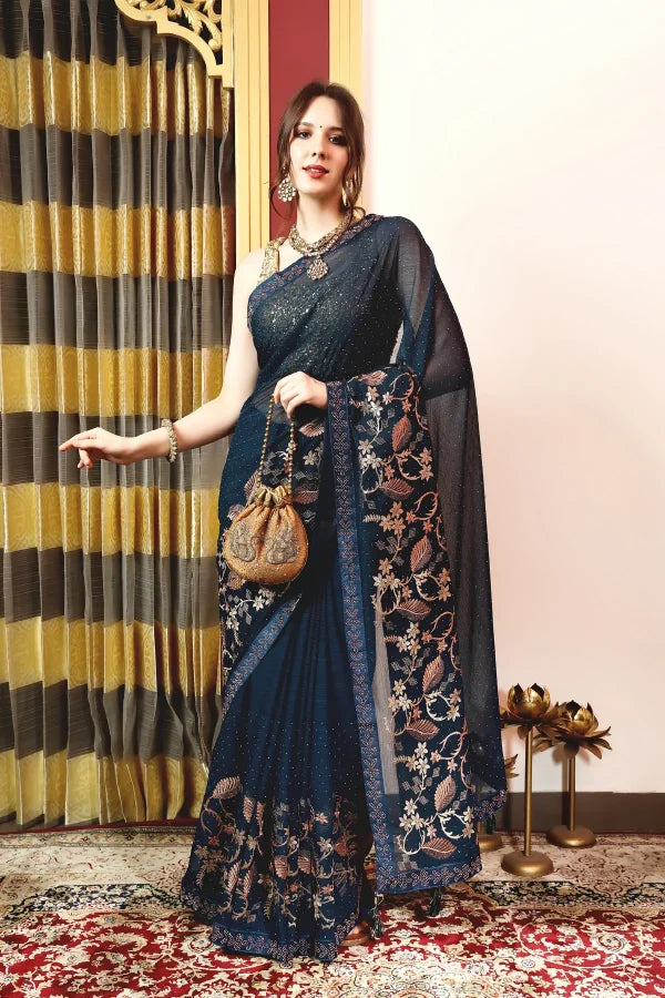 Enchanted Sparkle Shimmer Chiffon Sarees A-SAREE D16-BLUE