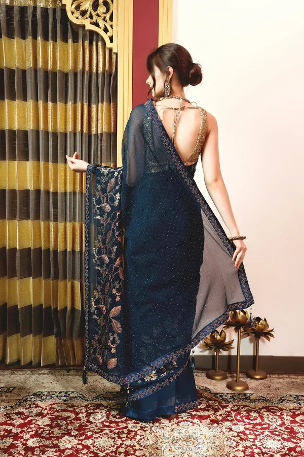 Enchanted Sparkle Shimmer Chiffon Sarees A-SAREE D16-BLUE