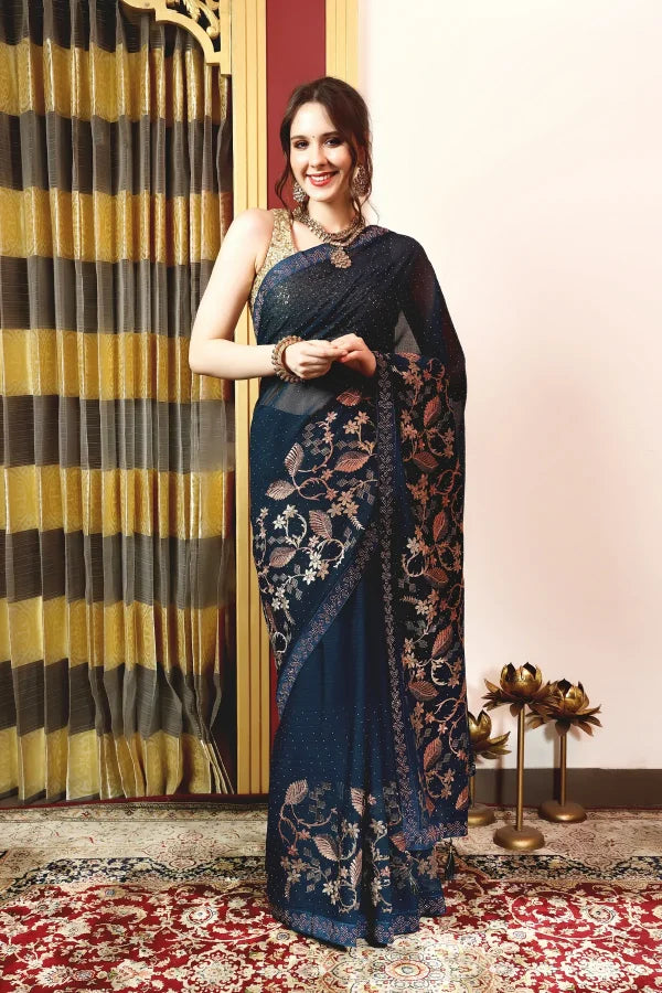 Enchanted Sparkle Shimmer Chiffon Sarees A-SAREE D16-BLUE