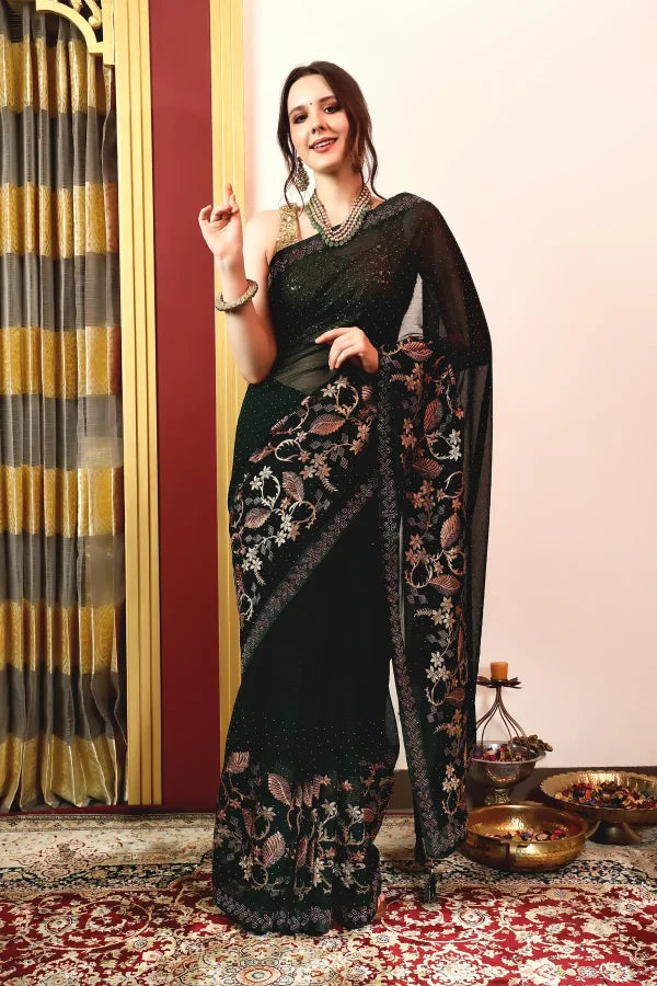 Enchanted Sparkle Shimmer Chiffon Sarees A-SAREE D16-Green