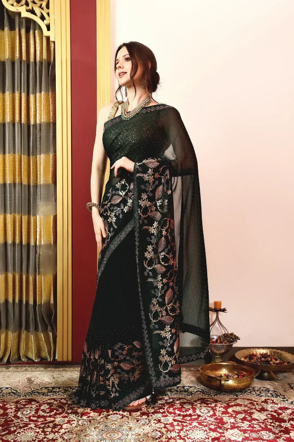 Enchanted Sparkle Shimmer Chiffon Sarees A-SAREE D16-Green