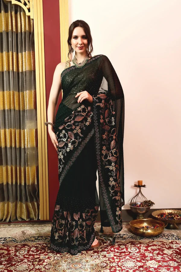 Enchanted Sparkle Shimmer Chiffon Sarees A-SAREE D16-Green