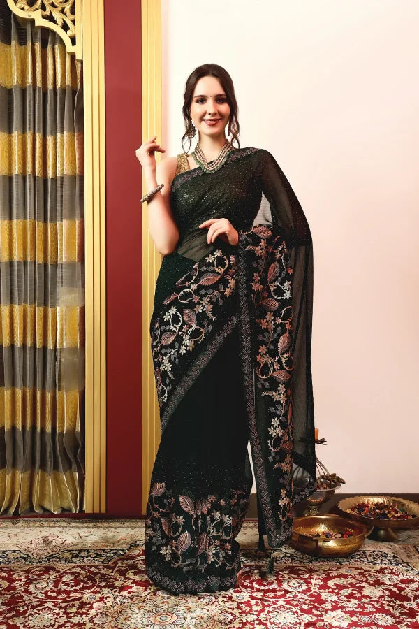 Enchanted Sparkle Shimmer Chiffon Sarees A-SAREE D16-Green