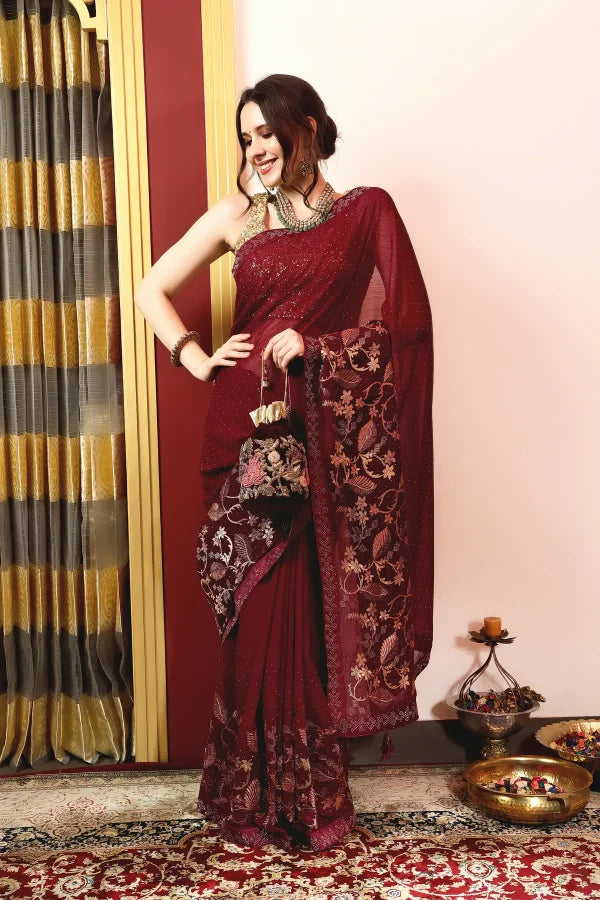 Enchanted Sparkle Shimmer Chiffon Sarees A-SAREE D16-Purple