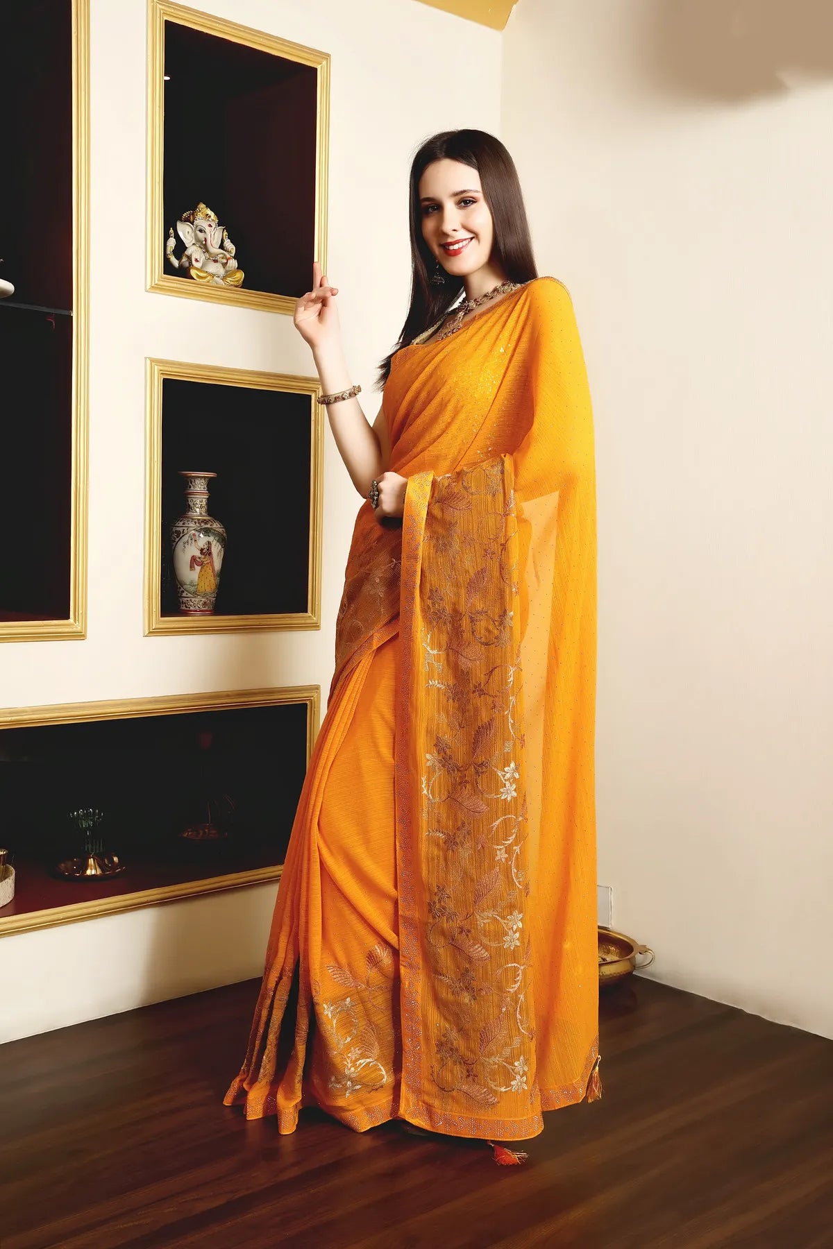 Enchanted Sparkle Shimmer Chiffon Sarees A-SAREE D16-Yellow