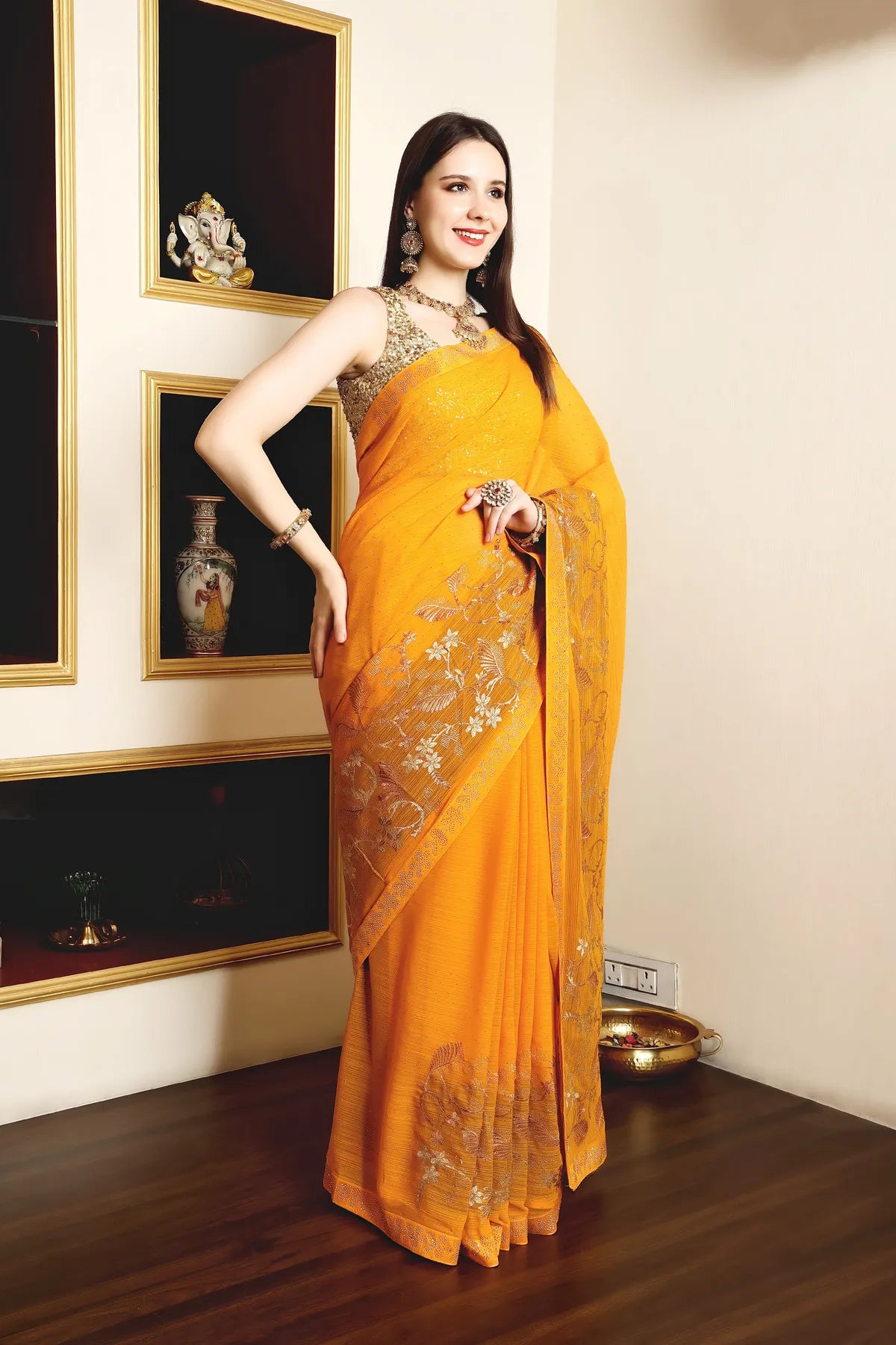 Enchanted Sparkle Shimmer Chiffon Sarees A-SAREE D16-Yellow