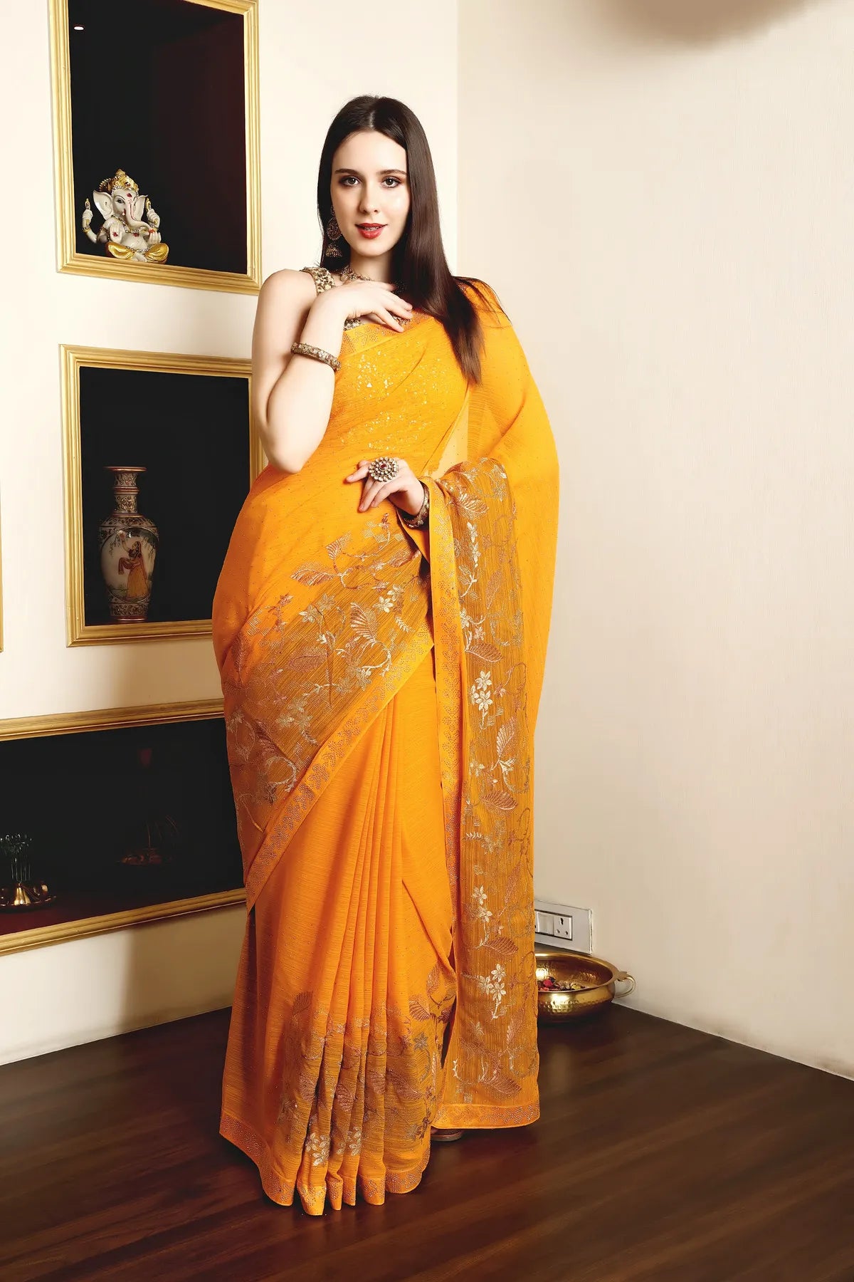 Enchanted Sparkle Shimmer Chiffon Sarees A-SAREE D16-Yellow