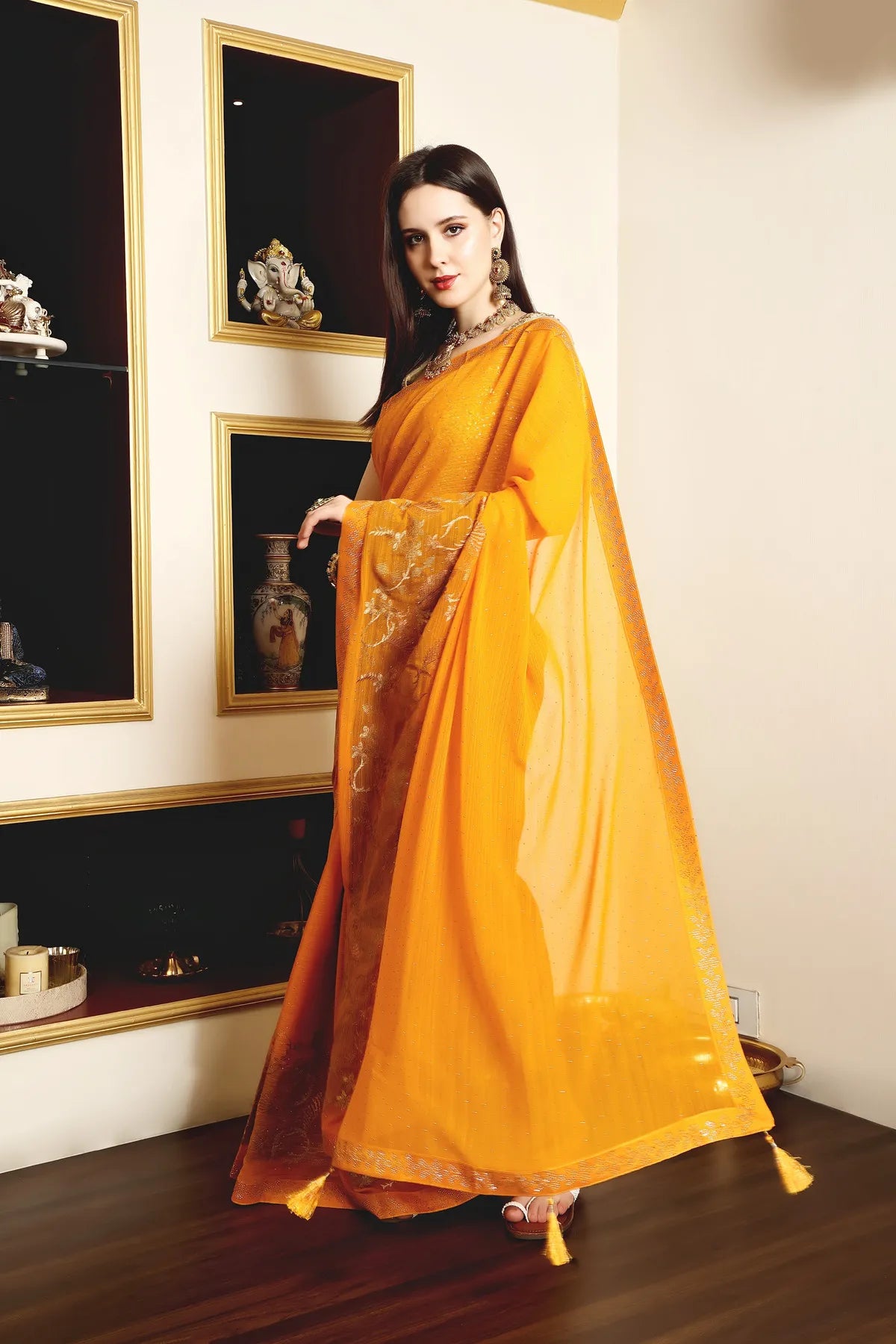 Enchanted Sparkle Shimmer Chiffon Sarees A-SAREE D16-Yellow