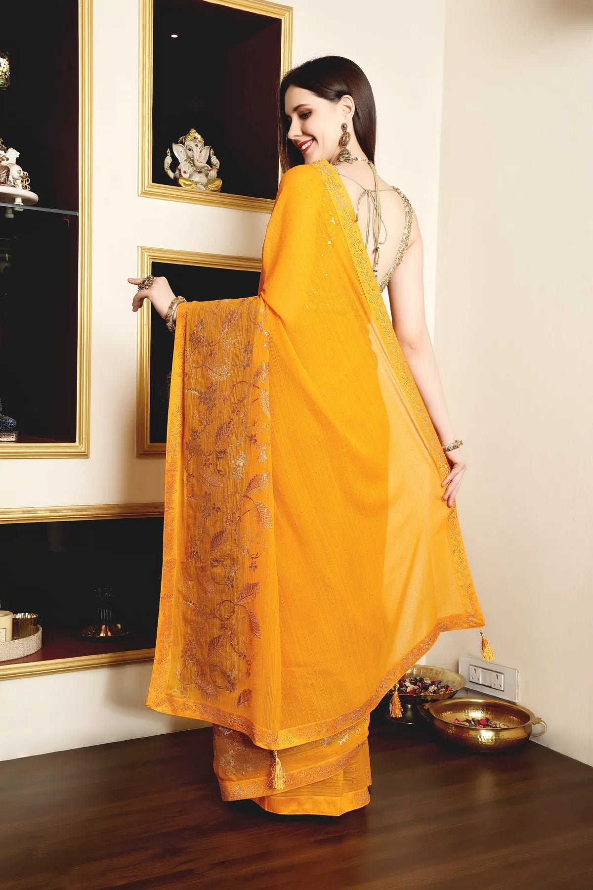 Enchanted Sparkle Shimmer Chiffon Sarees A-SAREE D16-Yellow