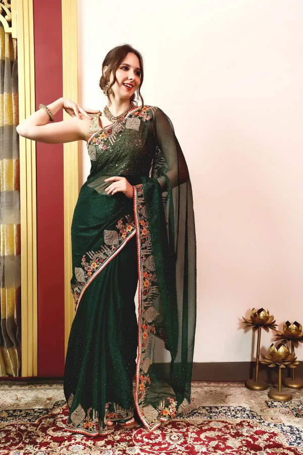 Enchanted Sparkle Shimmer Chiffon Sarees -A-SAREE D18-Green