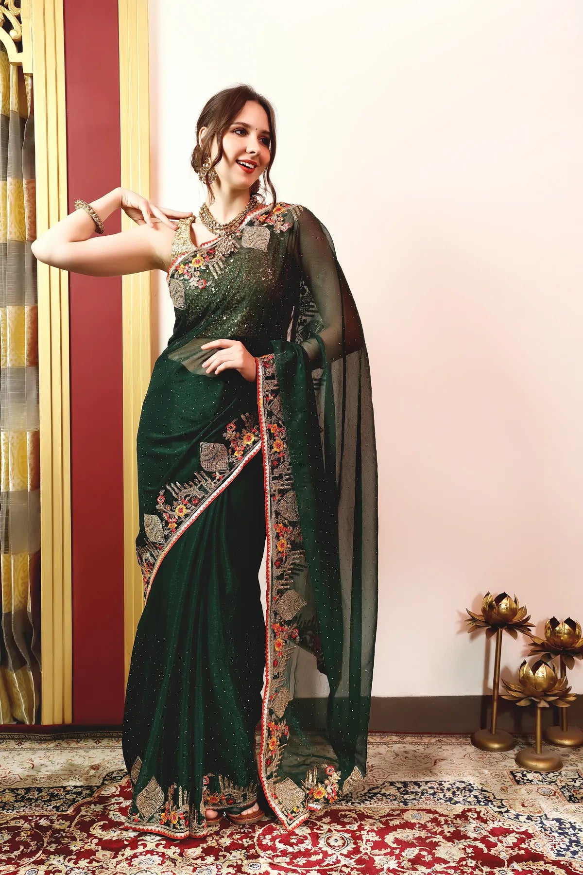 Enchanted Sparkle Shimmer Chiffon Sarees -A-SAREE D18-Green
