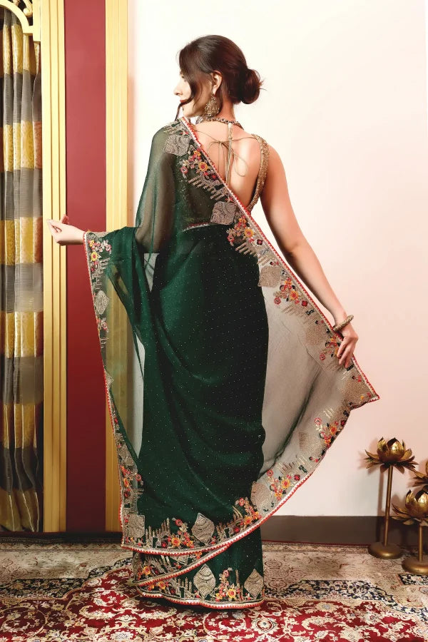 Enchanted Sparkle Shimmer Chiffon Sarees -A-SAREE D18-Green