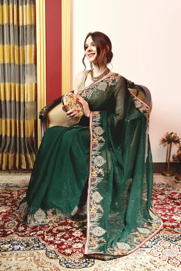 Enchanted Sparkle Shimmer Chiffon Sarees -A-SAREE D18-Green