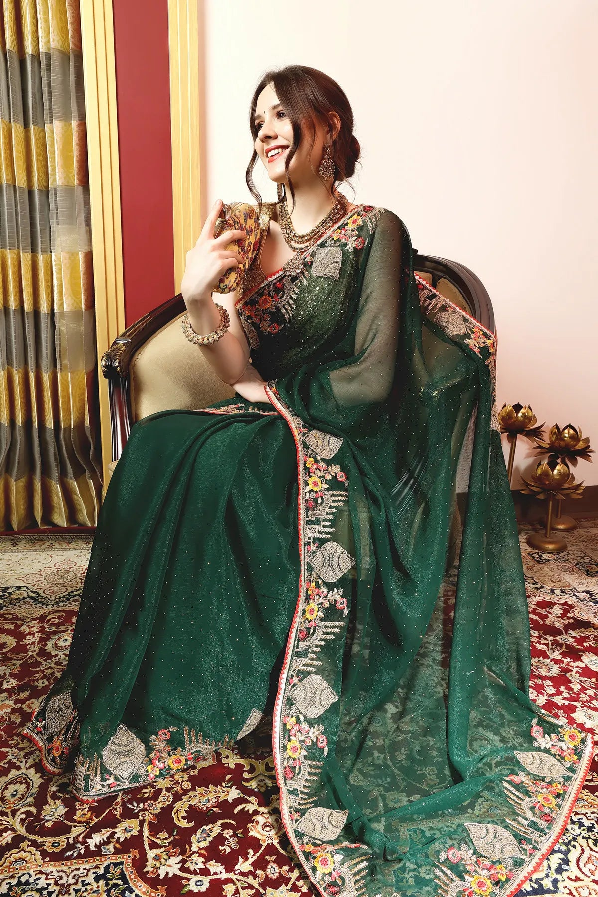Enchanted Sparkle Shimmer Chiffon Sarees -A-SAREE D18-Green