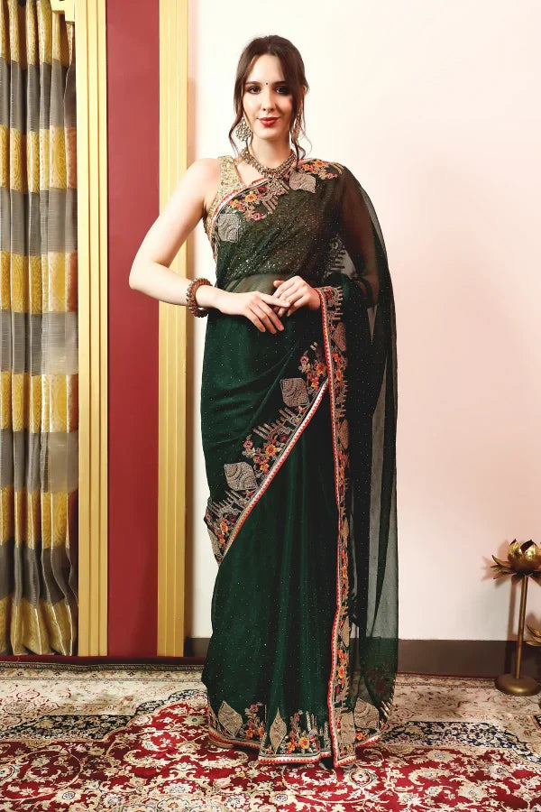 Enchanted Sparkle Shimmer Chiffon Sarees -A-SAREE D18-Green