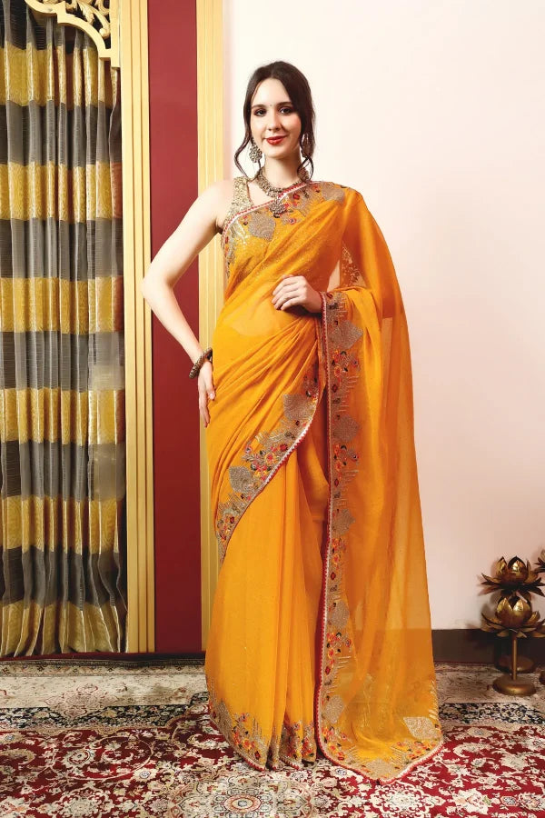 Enchanted Sparkle Shimmer Chiffon Sarees -A-SAREE D18-YELLOW