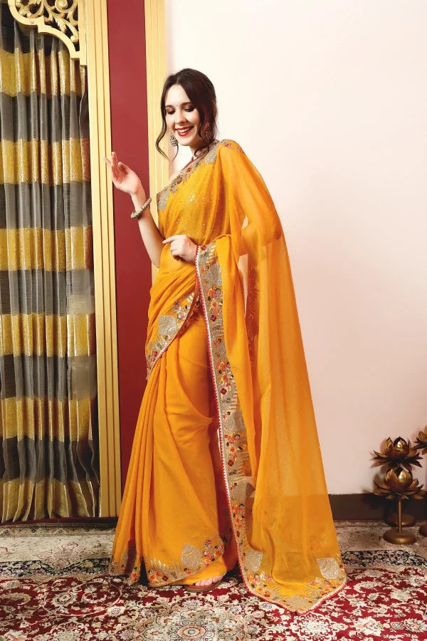 Enchanted Sparkle Shimmer Chiffon Sarees -A-SAREE D18-YELLOW