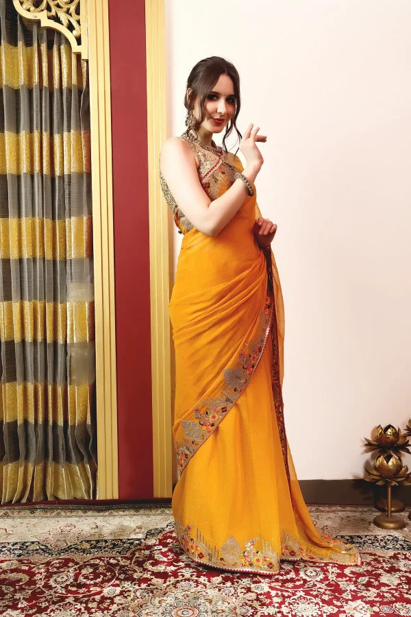 Enchanted Sparkle Shimmer Chiffon Sarees -A-SAREE D18-YELLOW