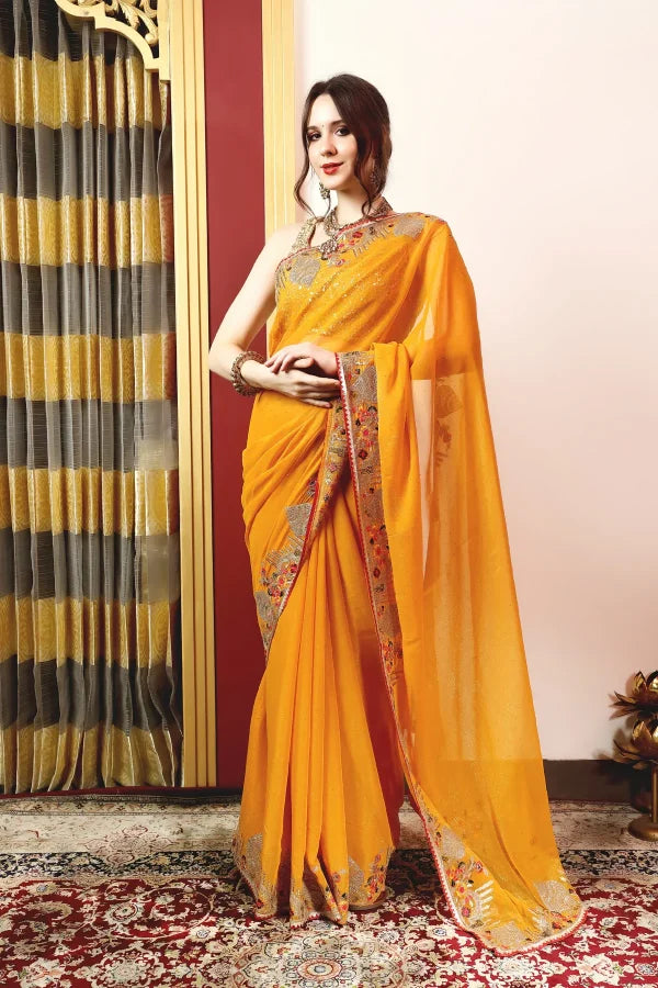 Enchanted Sparkle Shimmer Chiffon Sarees -A-SAREE D18-YELLOW