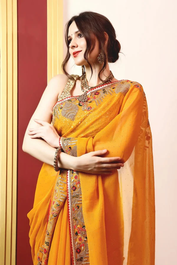 Enchanted Sparkle Shimmer Chiffon Sarees -A-SAREE D18-YELLOW