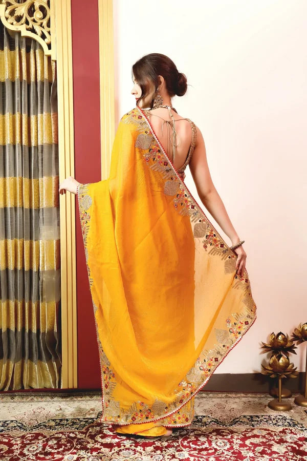 Enchanted Sparkle Shimmer Chiffon Sarees -A-SAREE D18-YELLOW