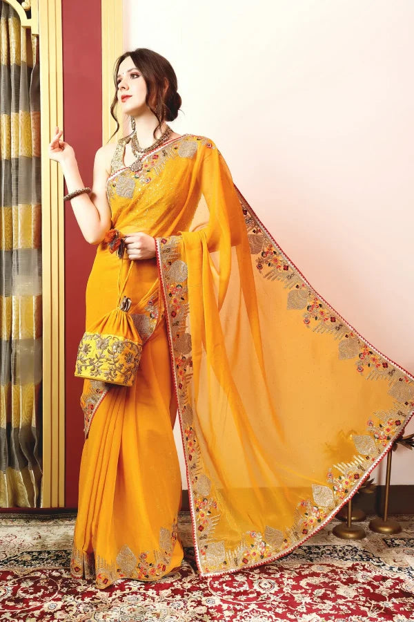 Enchanted Sparkle Shimmer Chiffon Sarees -A-SAREE D18-YELLOW