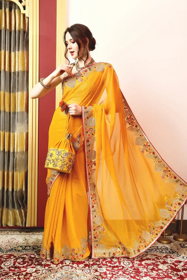 Enchanted Sparkle Shimmer Chiffon Sarees -A-SAREE D18-YELLOW