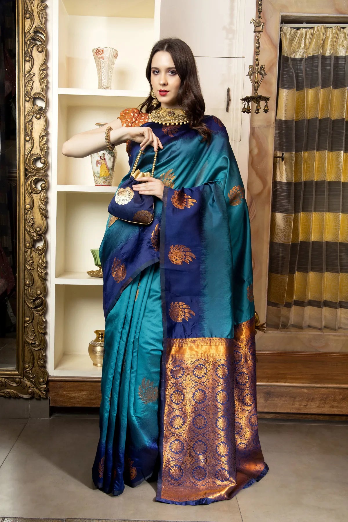Glimmering Threads: Exquisite Silk Sarees for Women's (A SAREE D3-BLUE & SEA BLUE)